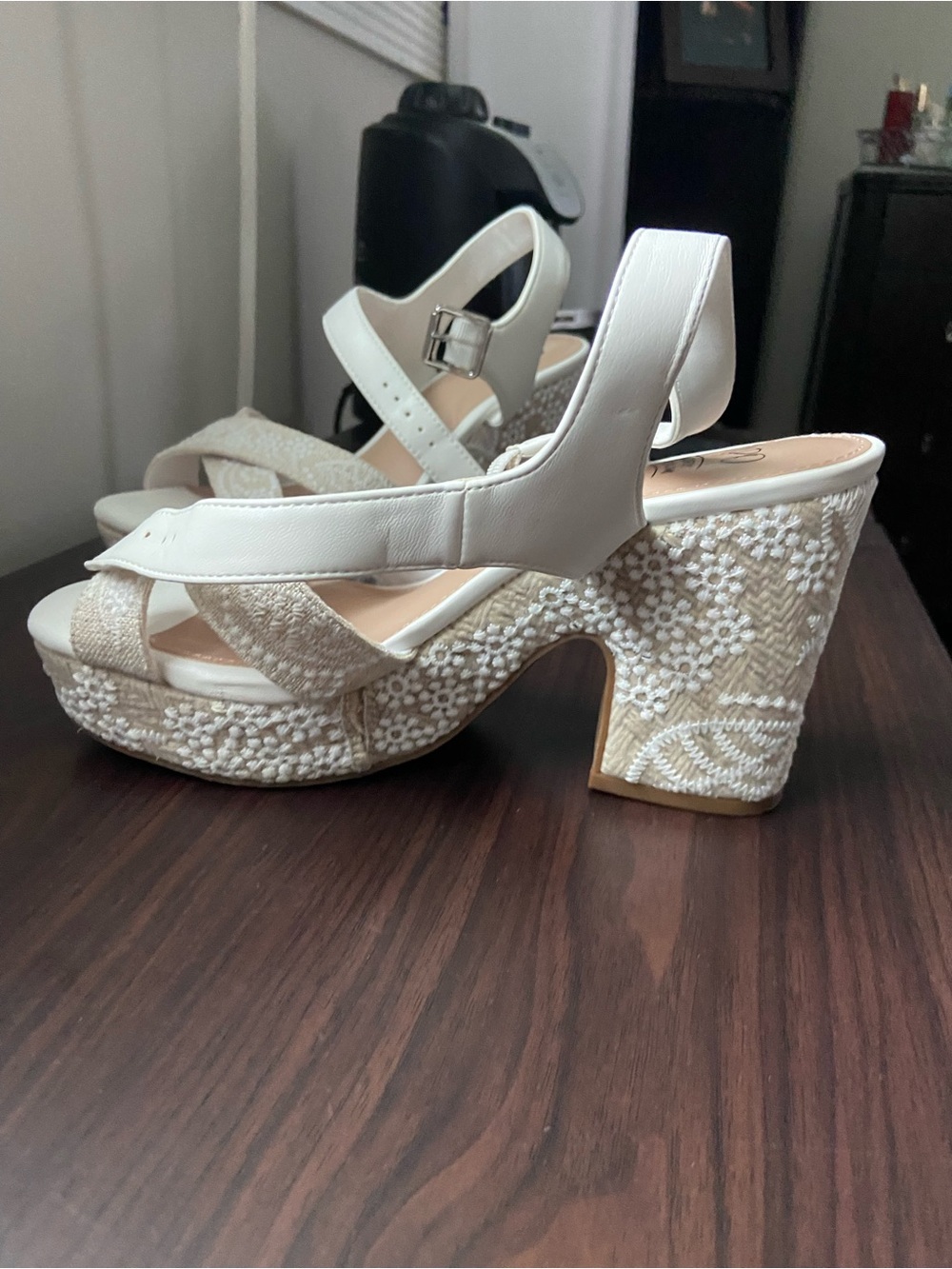Impo White Embroidered Platform Wedge Sandals